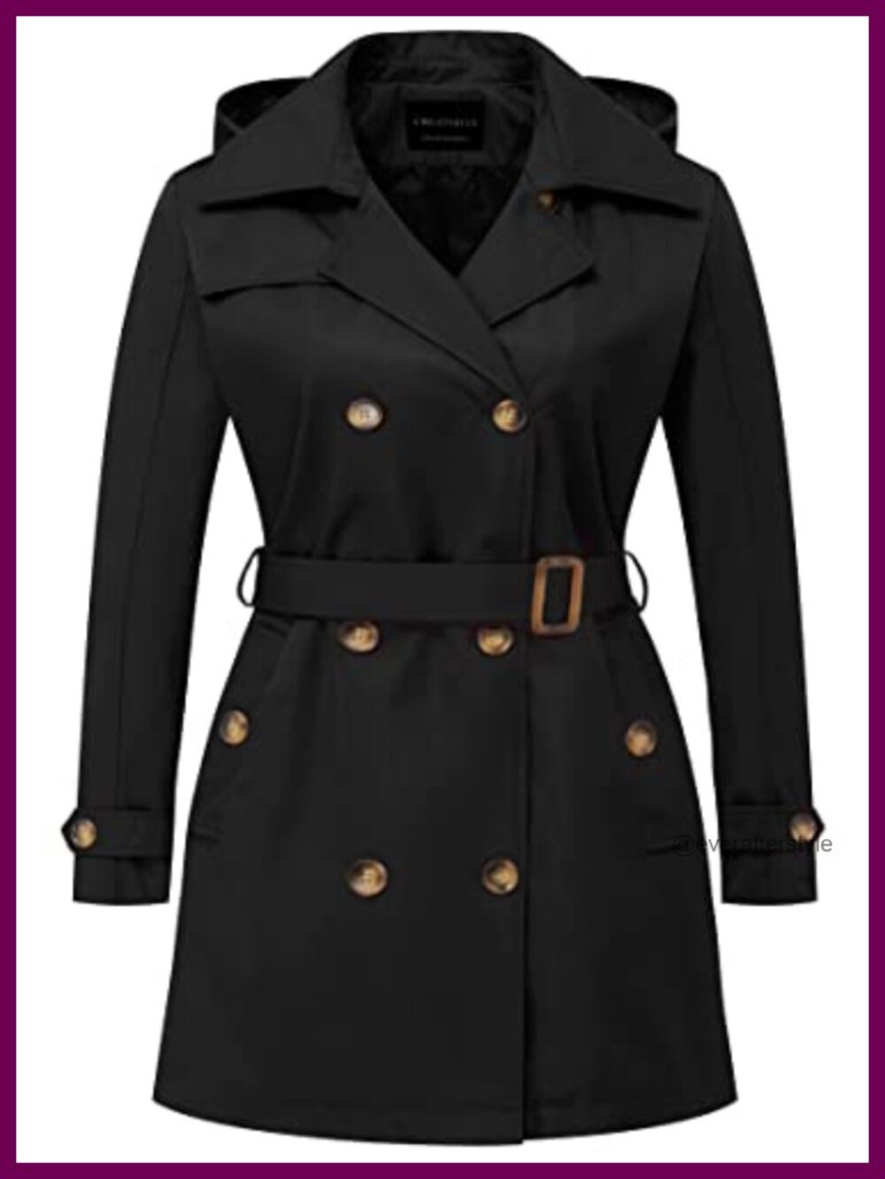 Plus Size Water-Repellent Trench Coat Double-Breasted Belted Detachable Hood